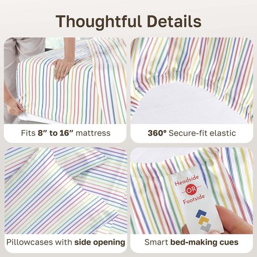 California Design Den Full Cotton Sheet Set - 100% Soft Sateen, 400 TC, Deep Pockets, Rainbow Stripe
