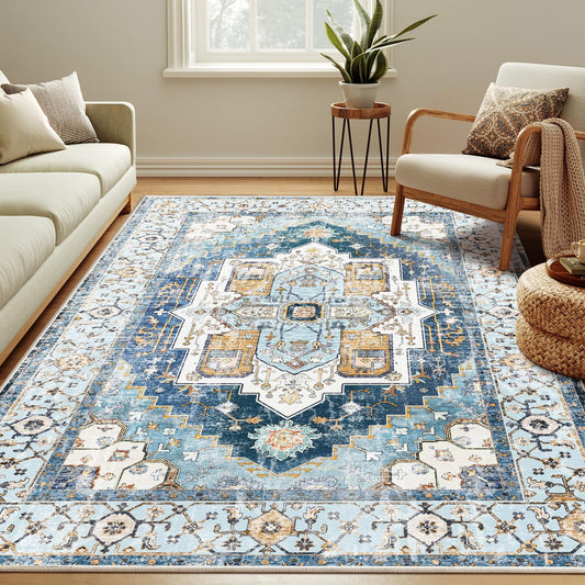 Washable 6x9 Area Rugs, Rugs for Living Room, Low-Pile Water&Stain Resistant Carpet Vintage Distressed Printed Non-Slip Carpet for Bedroom Bathroom Kitchen-Sky Blue