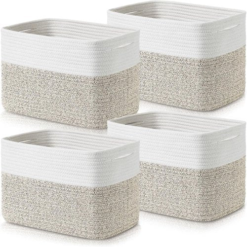 Homsorout Cotton Rope Baskets for Organizing | 12” Decorative Woven Storage Bins - 4 Pack in White/Brown