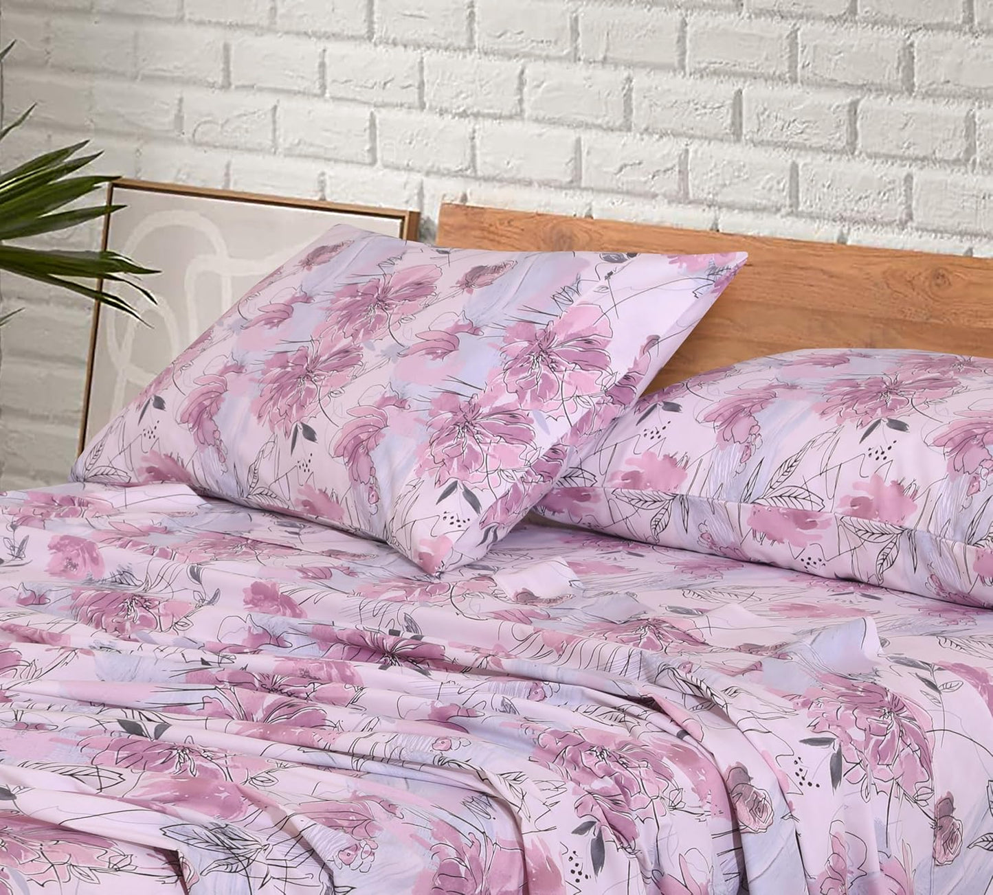 Ruvanti 100% Cotton Full Size Bed Sheet Set - Soft Lilac Floral Print | 4-Piece Cooling Bedding with Deep Pockets