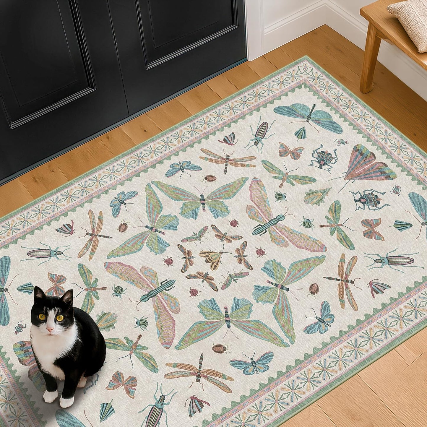 Regine Switzerland Washable Sage Green Area Rug - Large 3x5 Non-Slip Vintage Floral Design