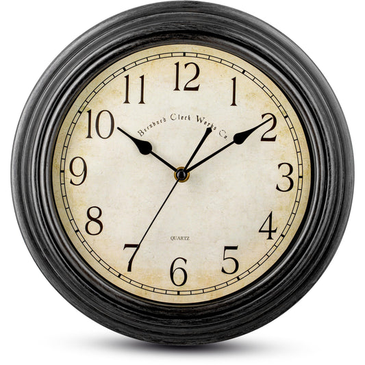 Bernhard Products Vintage Wall Clock Silent Non Ticking - 12 Inch Quality Quartz Battery Operated Decorative Rustic Black Clock for Home Kitchen Living/Dining Room Office Decor, Easy to Read