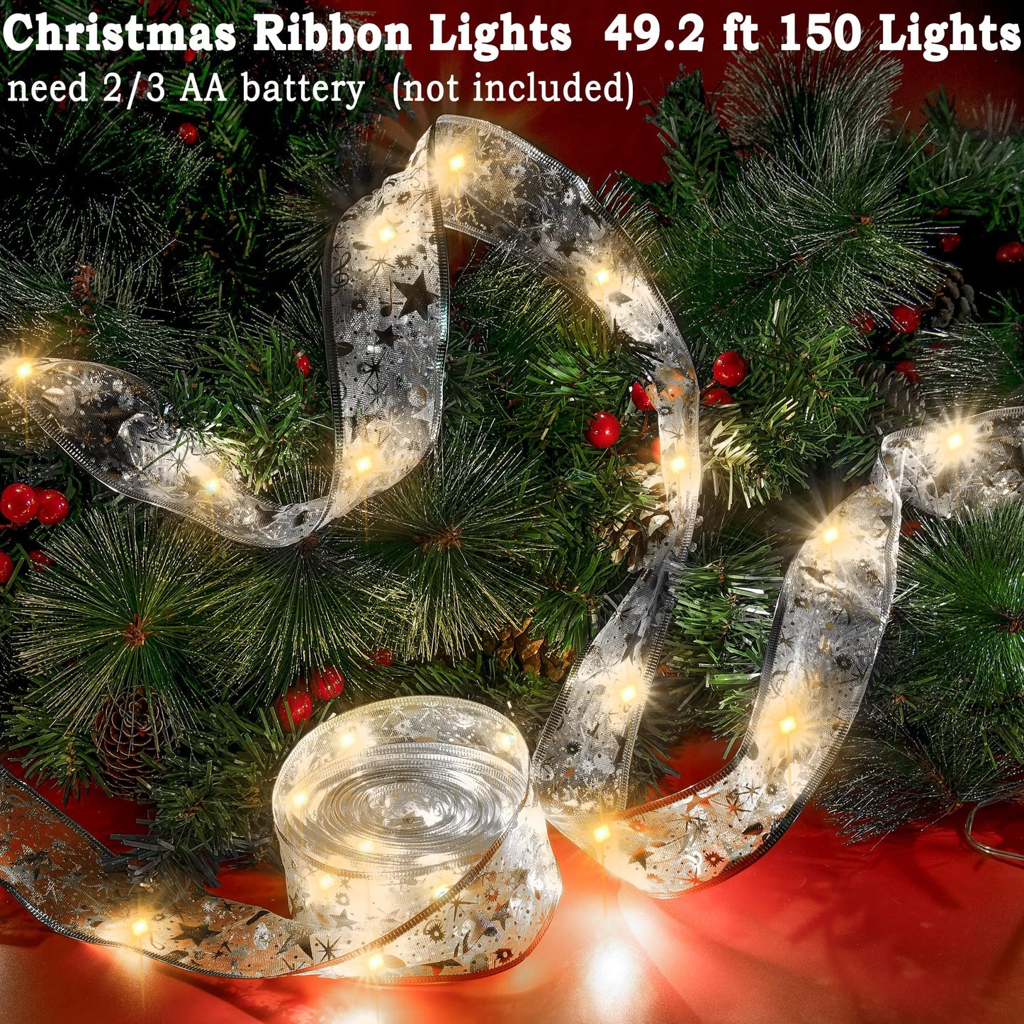 Minetom Christmas Tree Ribbon String Lights - 33ft 100 LED Battery Powered Fairy Lights with Timer