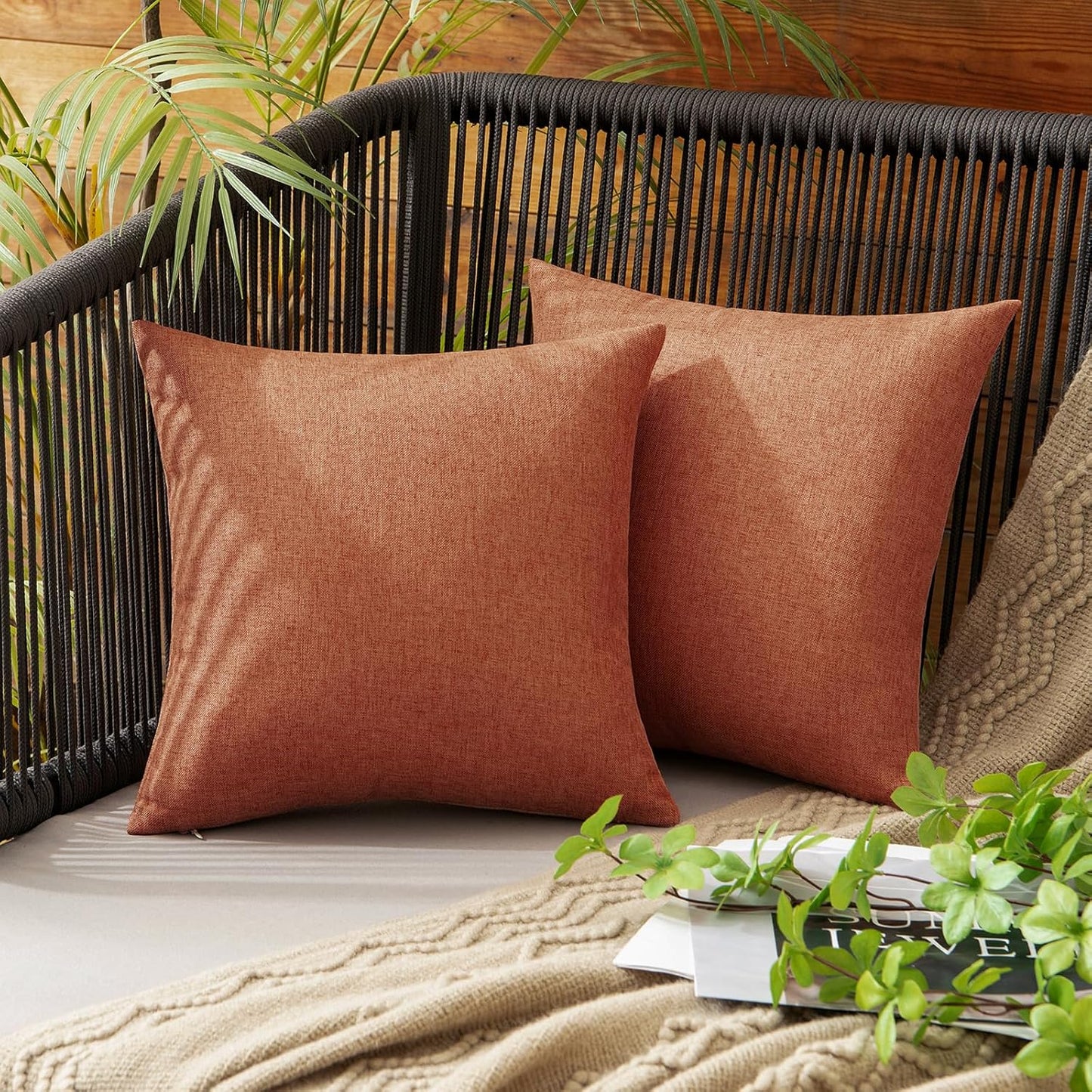 MIULEE Decorative Outdoor Throw Pillow Covers - Waterproof Faux Linen Cushion Cases | 12x12 Inch Rust (Pack of 2)