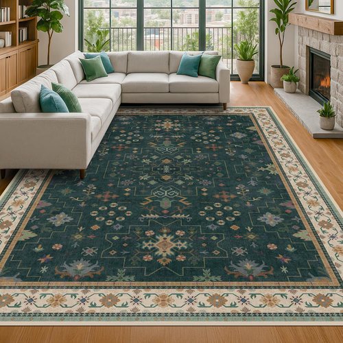 Hazo Haus Dark Green Vintage 8x10 Washable Rug - Ultra Soft Non-Slip Floral Geometric Design for Living Room