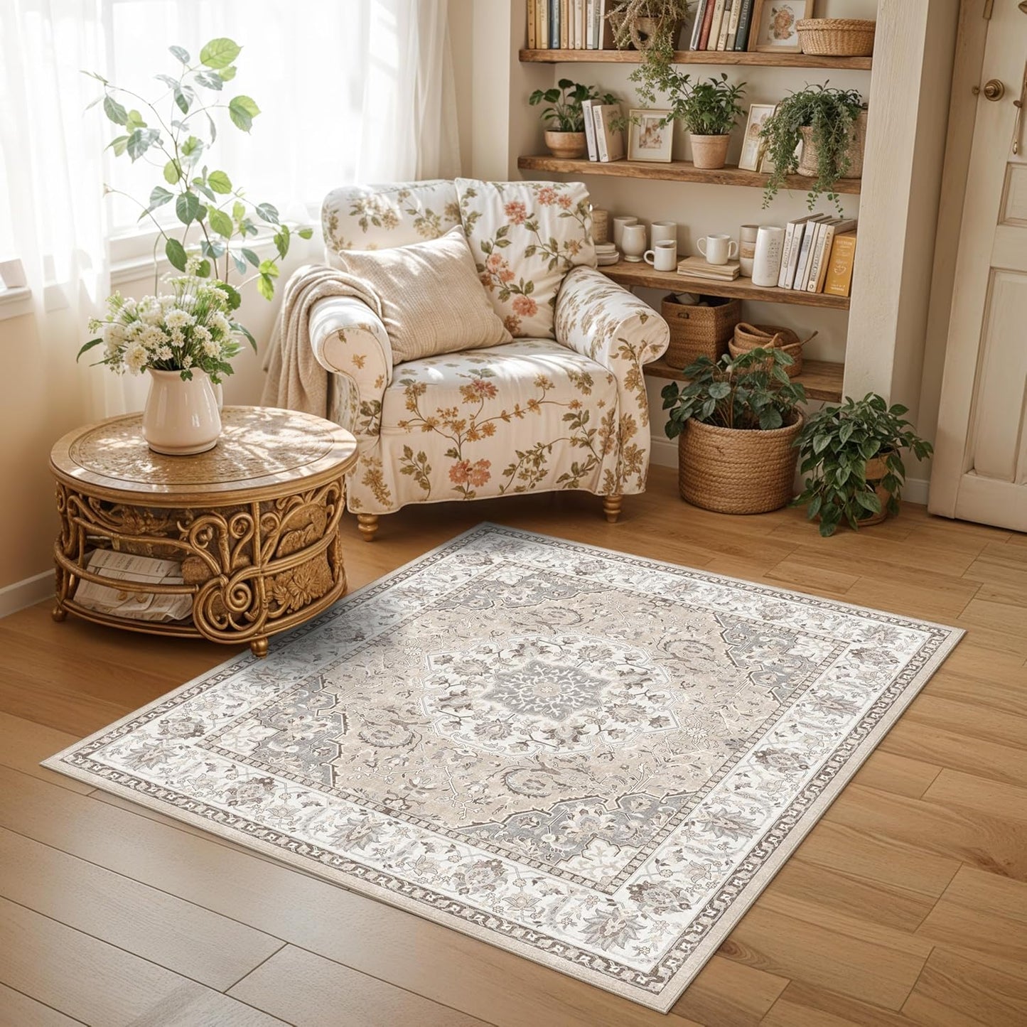 Skiennix Washable 5x5 Square Area Rug - Non-Slip, Stain-Resistant, Lightweight Beige Carpet for Home