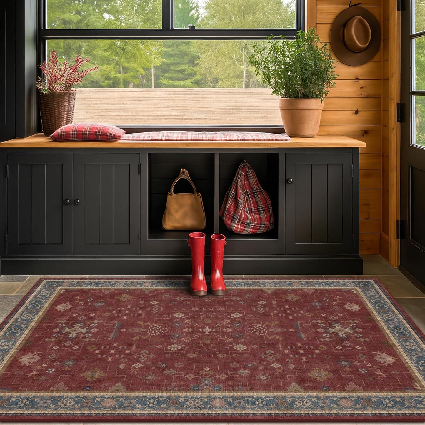 Turkish 4x6 Area Rug - Washable, Stain Resistant, Non-Slip | Unique Victorian Art Deco in Maroon & Burgundy