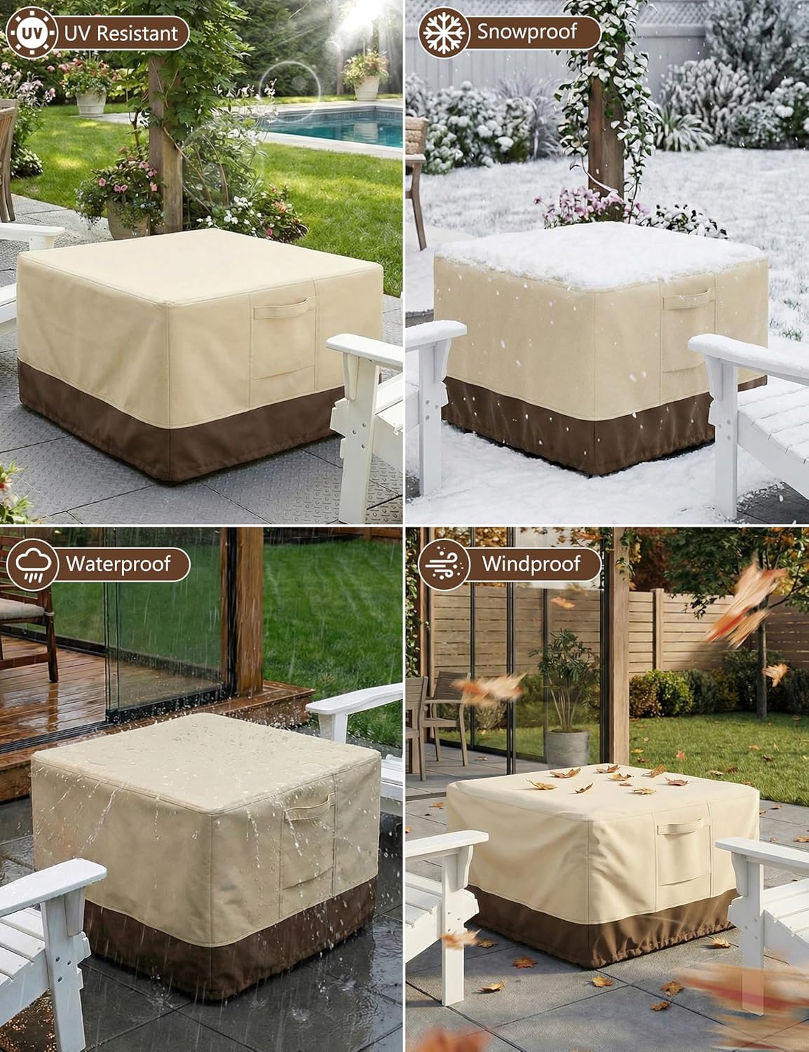 Vailge 100% Waterproof Square Fire Pit Cover - Heavy Duty Outdoor Protection | 44"L x 44"W x 24"H, Beige & Brown