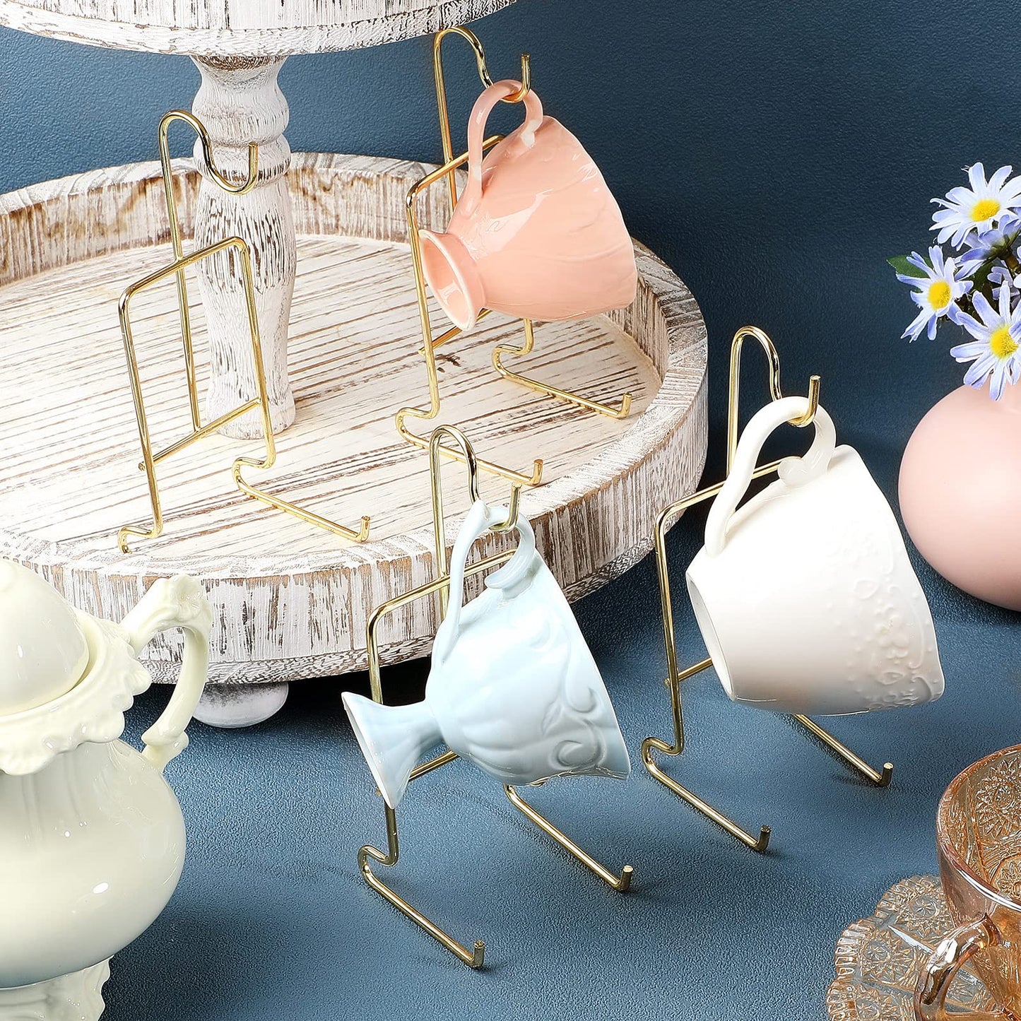 Suclain 16 Pcs Small Tea Cup and Saucer Display Stand Holder Rack China Metal Cup Saucer Holder Display Shelf Coffee Mug Organizer for Plate Teapot
