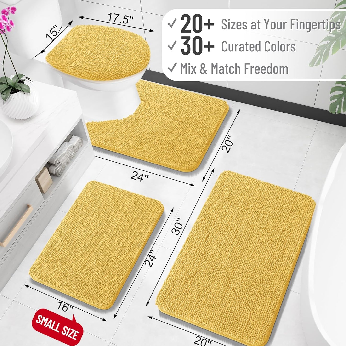 OLANLY U-Shaped Toilet Rugs - Extra Soft, Absorbent Chenille Bath Mat | 24x20, Quick-Dry, Non-Slip, Yellow