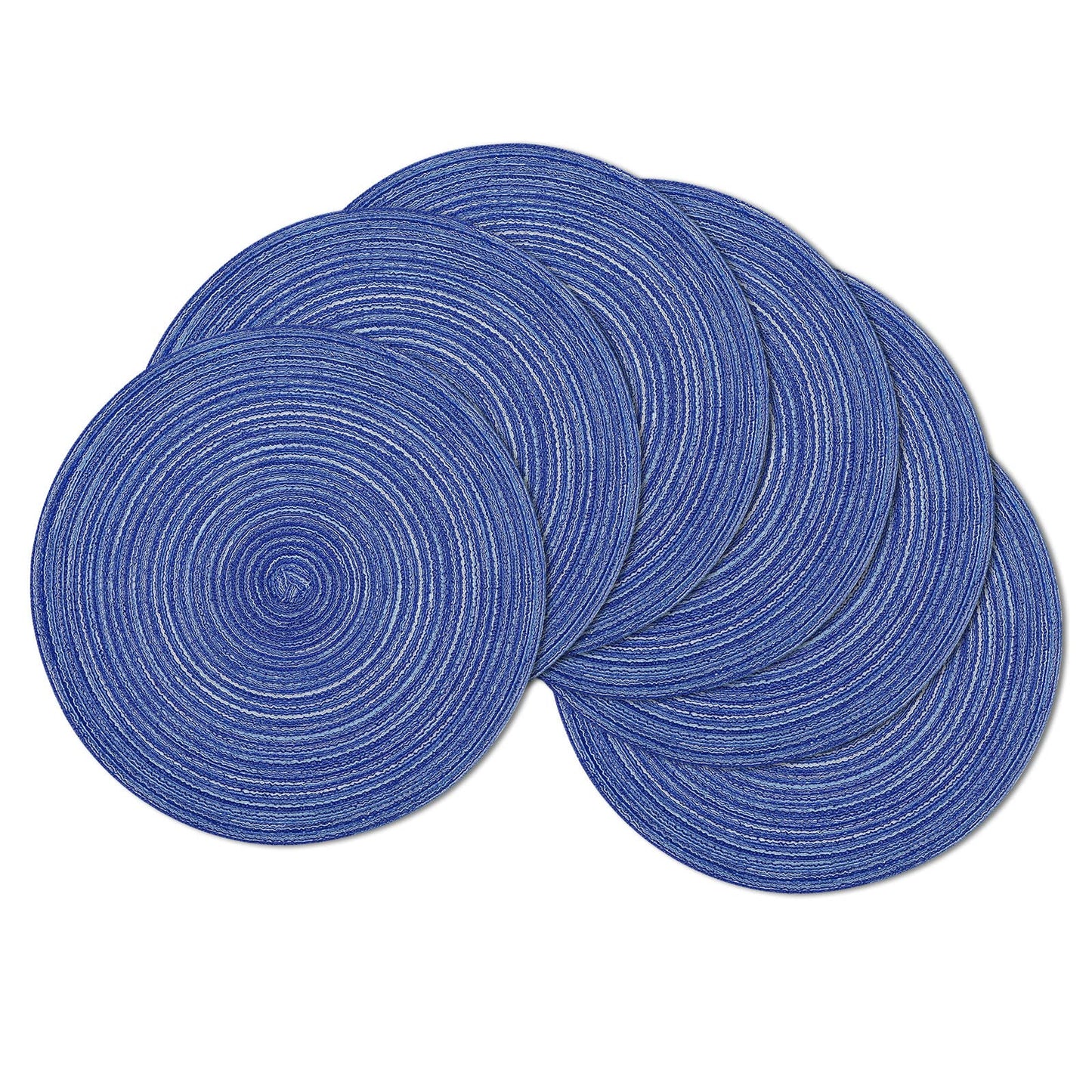 SHACOS Round Braided Placemats 15 inch Set of 6 Washable Kitchen Table Placemats for Home Wedding Party (Blue White, 6)