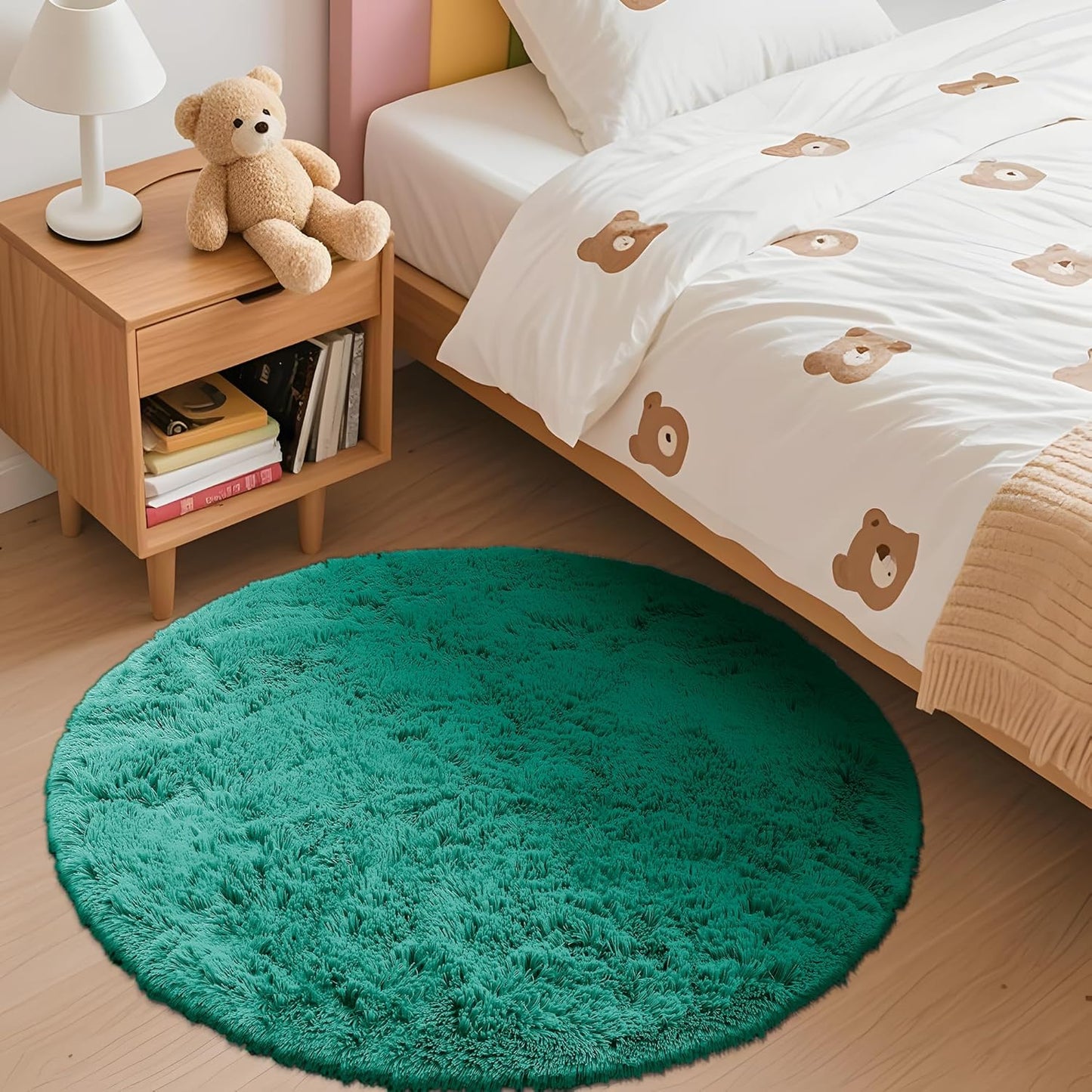 OLANLY Teal Green Round Rug - Soft, Fluffy Shaggy Carpet for Bedroom | 2 ft Machine Washable Area Rug