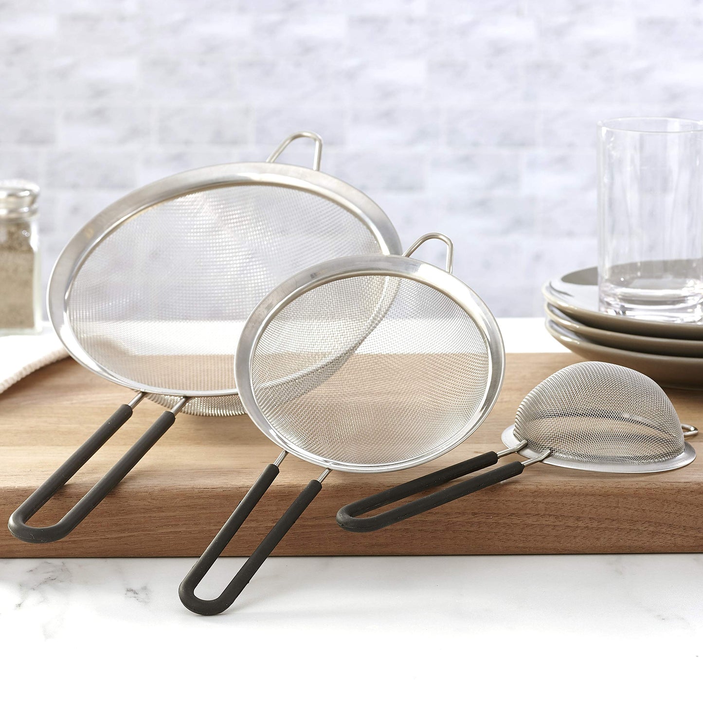 Graduated Stainless Steel Mesh Strainer Set - Black - Set of 3