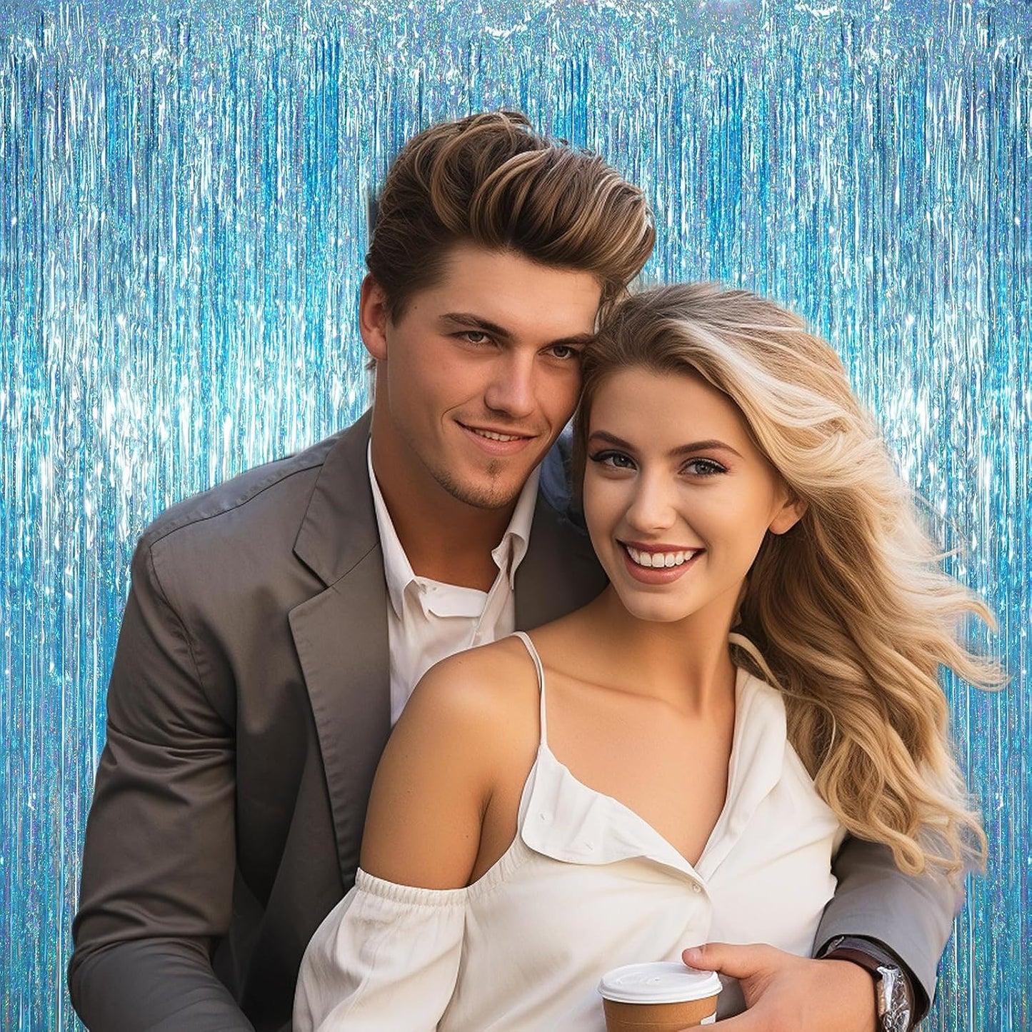 Voircoloria Foil Fringe Backdrop Curtains - 3.3 x 6.6 Ft Tinsel Streamers for Parties | Light Blue