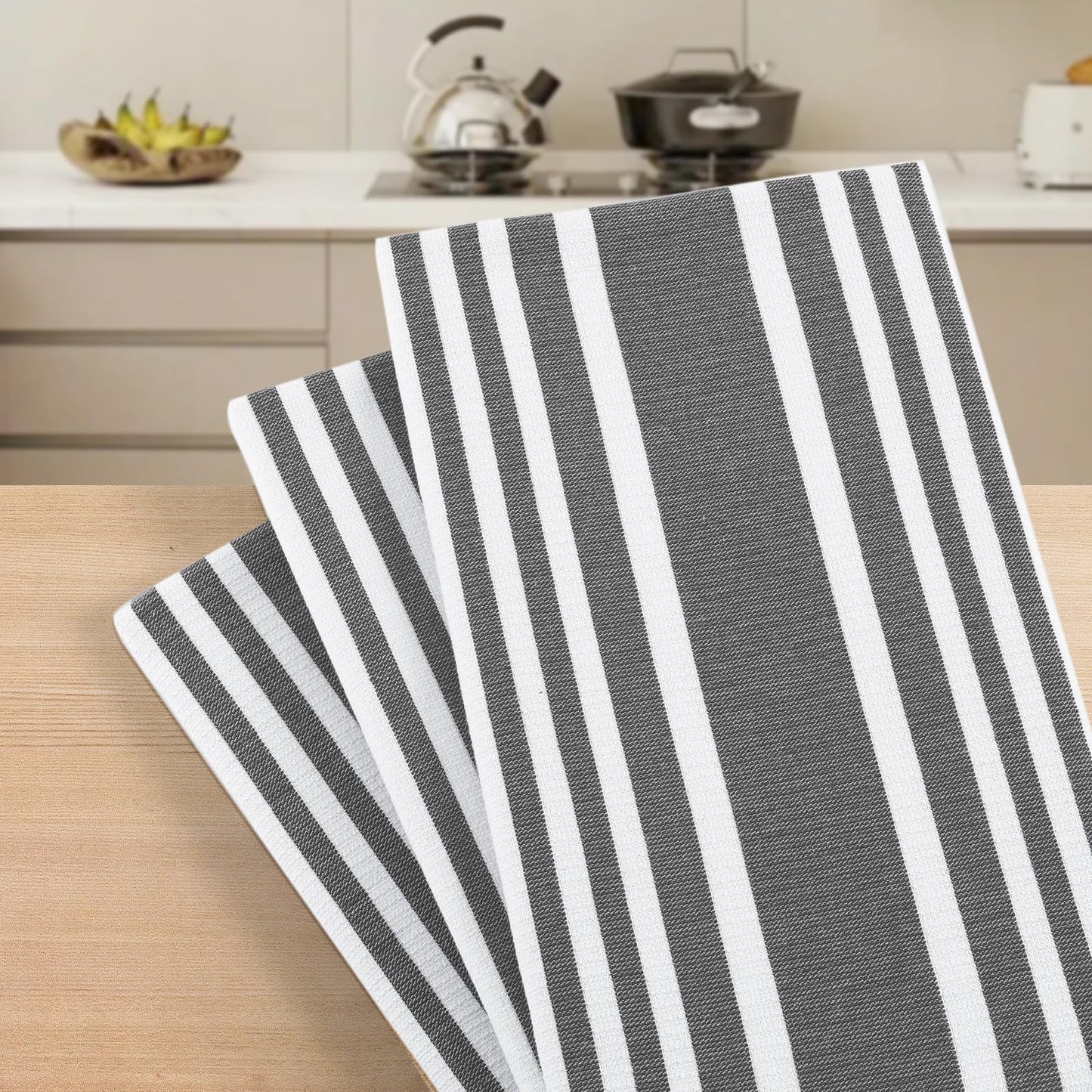 Homaxy Premium Kitchen Towels 18”x 28”, Large Cotton 380 GSM Kitchen Hand Towels, Stripe and Terry Dish Towel, Highly Absorbent Tea Towel Set with Hanging Loop, 6 Pack, Black