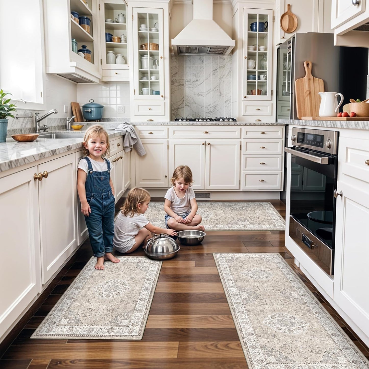 Skiennix Kitchen Rug Set - Washable Water-Resistant Soft Mats with Non-Slip Backing | Beige, 4 Pieces (2x3, 2x4, 2x5, 2x6)