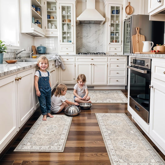 Skiennix Kitchen Rug Set - Washable Water-Resistant Soft Mats with Non-Slip Backing | Beige, 4 Pieces (2x3, 2x4, 2x5, 2x6)