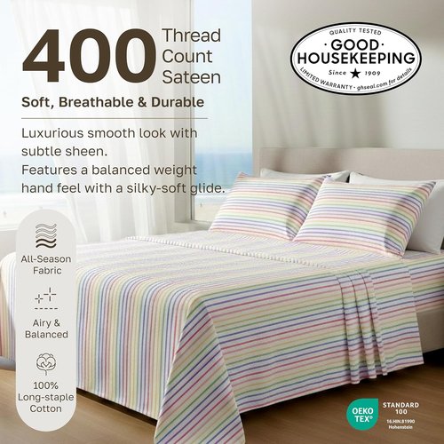 California Design Den Full Cotton Sheet Set - 100% Soft Sateen, 400 TC, Deep Pockets, Rainbow Stripe