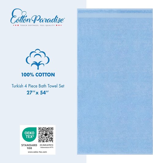 Cotton Paradise 4-Piece Turkish Bath Towels Set - Extra Large, Soft & Plush - Sky Blue