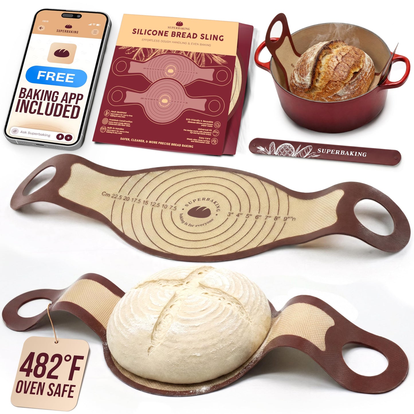 Pro Silicone Bread Sling 2 Pcs - 9in Round & Oval 482F Heat Resistant Dough Lifter, Non-Stick Dutch Oven Liners, Long Handles, Reusable Sourdough Bread Baking Supplies, Sourdough Gifts