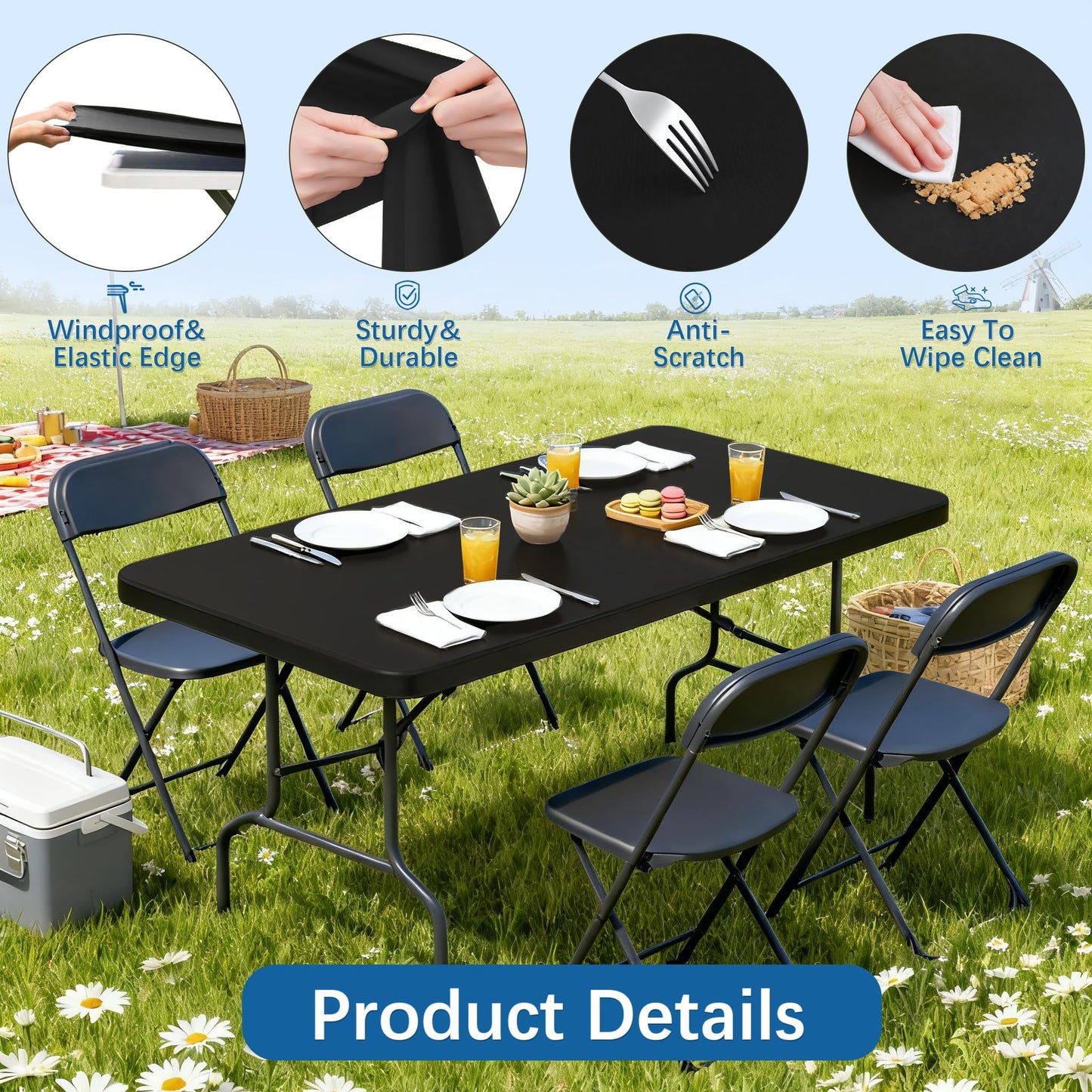 Lemict 6FT Picnic Black Spandex Table Cloth - 1 Pack Fitted Rectangle Tablecloth for Folding Tables, Washable Table Cover for Outdoor, Camping, Picnic, Banquet and Party(30" x 72")