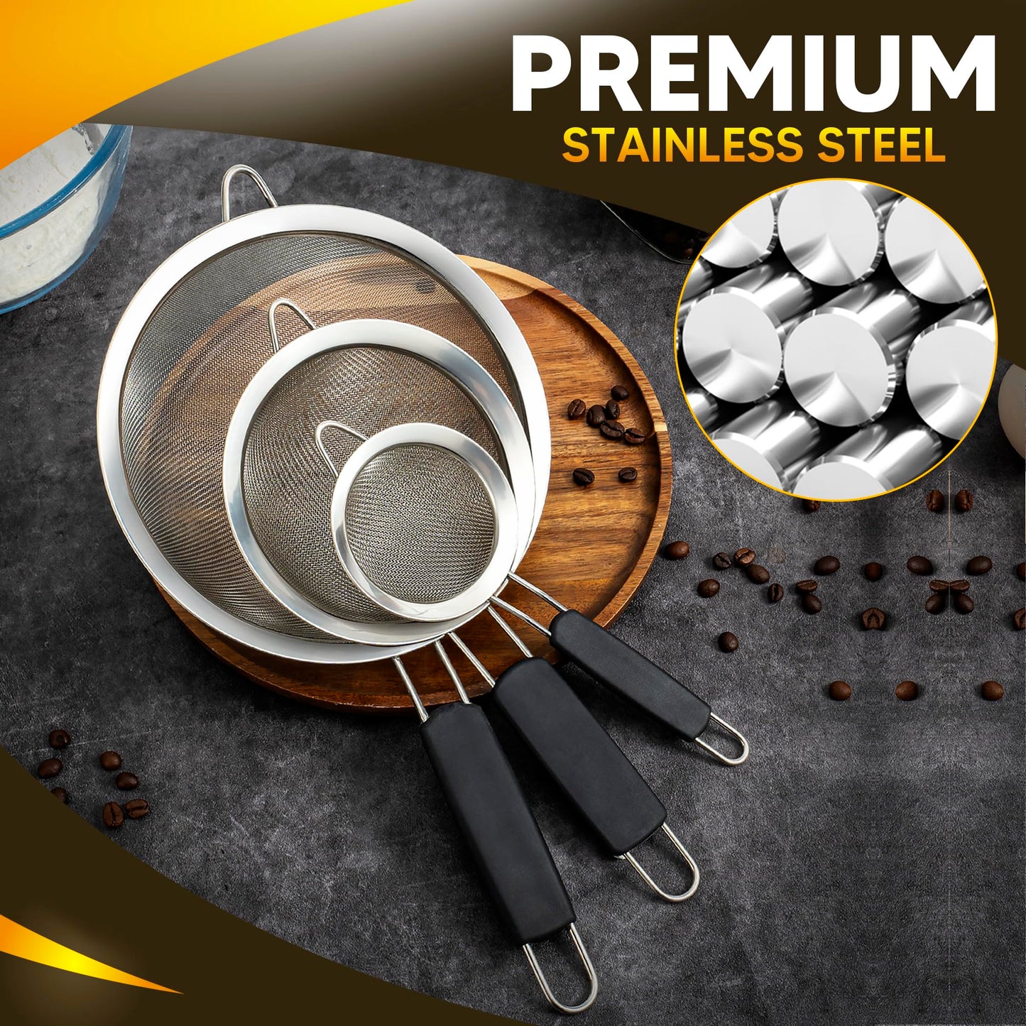 Kafoor Set of 3 Fine Mesh Strainers for Kitchen | 3.4 inch, 5.5 inch and 7.9 inch Stainless Steel Strainer