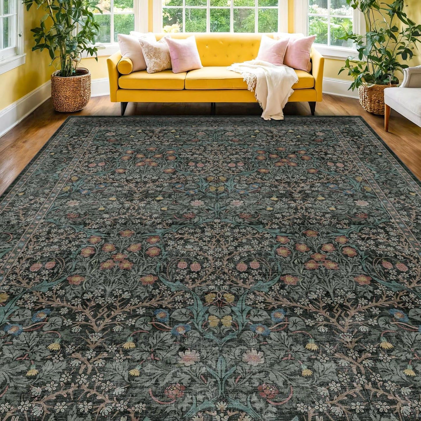 Skiennix Vintage Dark Green Area Rug - Washable 8x10 Stain Resistant Carpet for Living Room & Dining Room