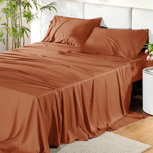 Bedsure King Size Sheets Set - Cooling Rayon Bamboo Sheets for Hot Sleepers | Soft & Breathable, Deep Pocket, Burnt Orange