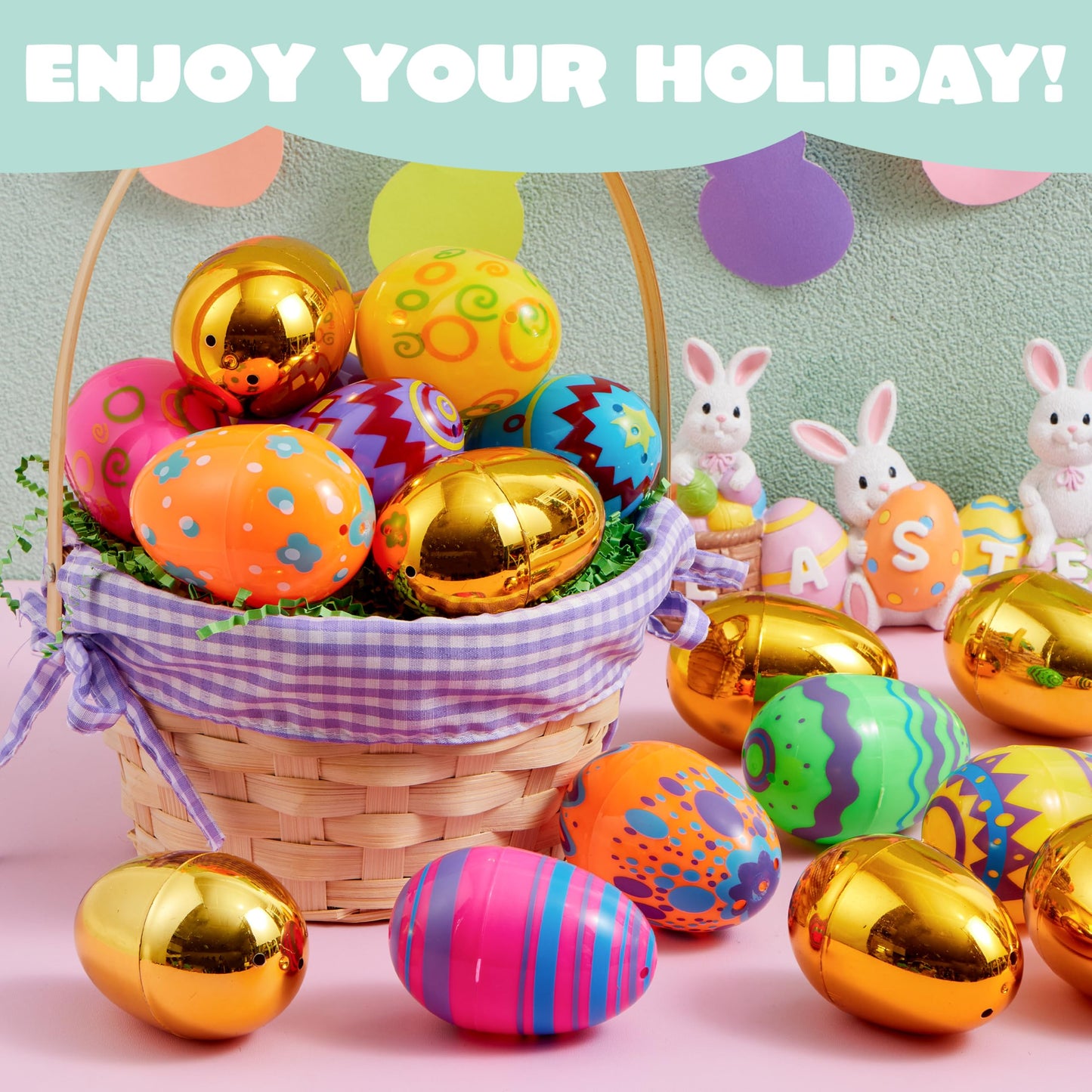 JOYIN 64 Pcs 3.15" Colorful Printed Eggs Include 8 Golden, Plastic Fillable Empty Eggs for Easter Hunt, Basket Stuffer Filler, Classroom Prize, Party Favors