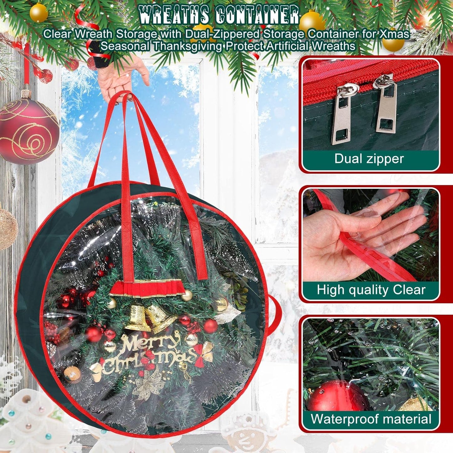 Shappy Christmas Wreath Storage Bag - 4 Pcs with Clear Window & Handles | Green, 30 x 7 Inch