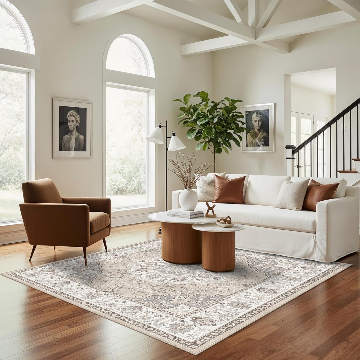 Skiennix Washable 5x5 Square Area Rug - Non-Slip, Stain-Resistant, Lightweight Beige Carpet for Home
