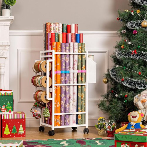 Aquzee Gift Wrapping Paper Organizer - Vertical Storage Cart with Adjustable Rod & Ribbon Holders - White