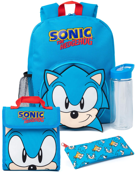 Sonic The Hedgehog Boys Backpack Set | Kids 4 Piece Blue Rucksack Set with School Bag, Pencil Case, Lunch Bag & Water Bottle | Sonic Gamer Complete Matching Bundle | Back to School Gifts for Children,