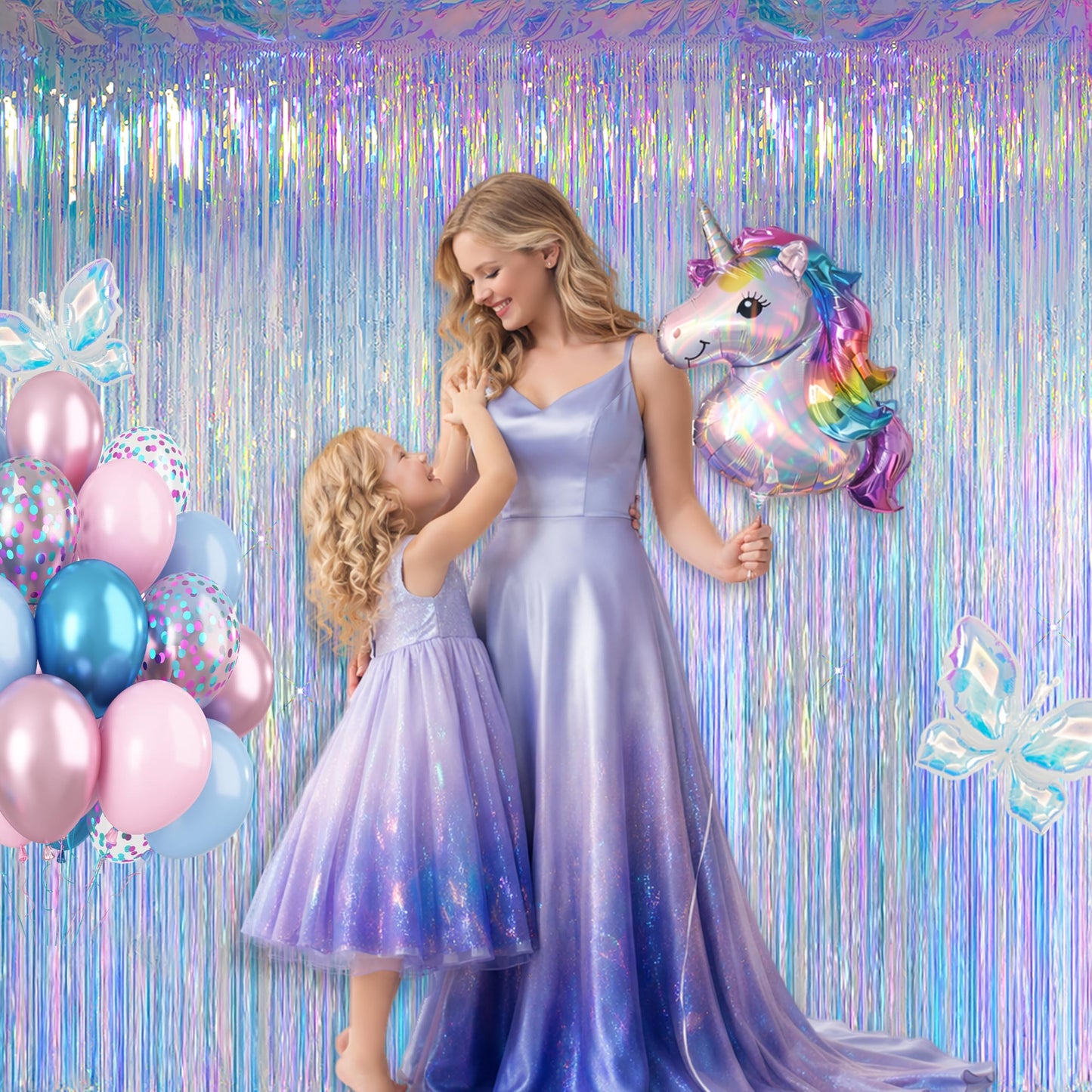 Melsan Iridescent Foil Fringe Backdrops Party Decorations - 3.2 x 6.56 ft Metallic Tinsel Photo Backdrop Curtains for Ocean Princess Birthday Parties - Iridescent 2 Packs