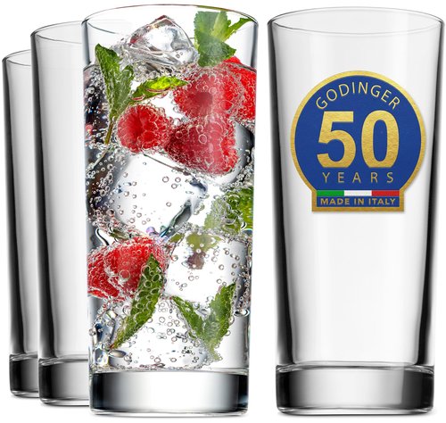 Godinger Highball Drinking Glasses, Italian Made Tall Glass Cups, Water Glasses Drinking Set, Cocktail Glasses - 14oz, Set of 4, Made In Italy