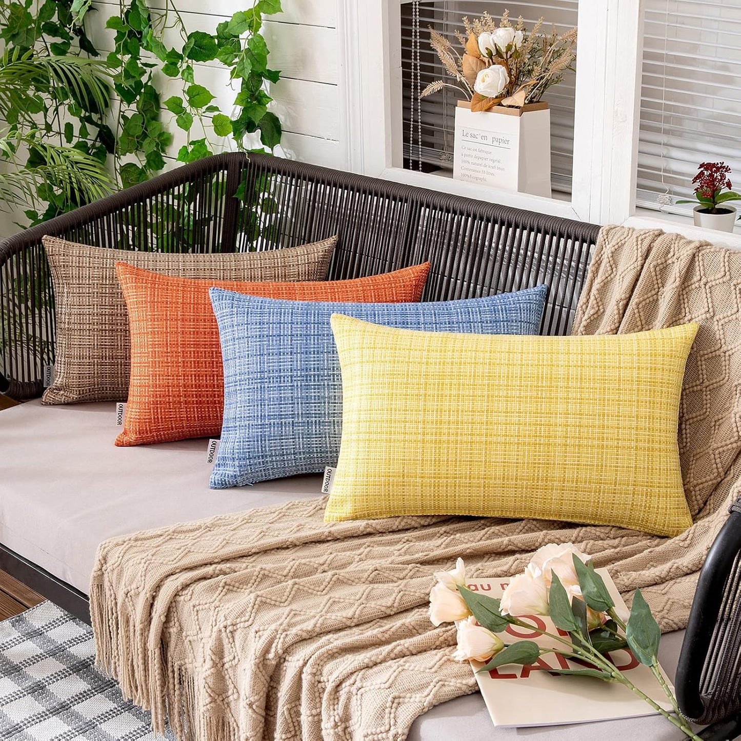 MIULEE Outdoor Waterproof Throw Pillow Covers - Decorative Farmhouse Cushion Covers | 12x20 Inch Yellow, Pack of 2