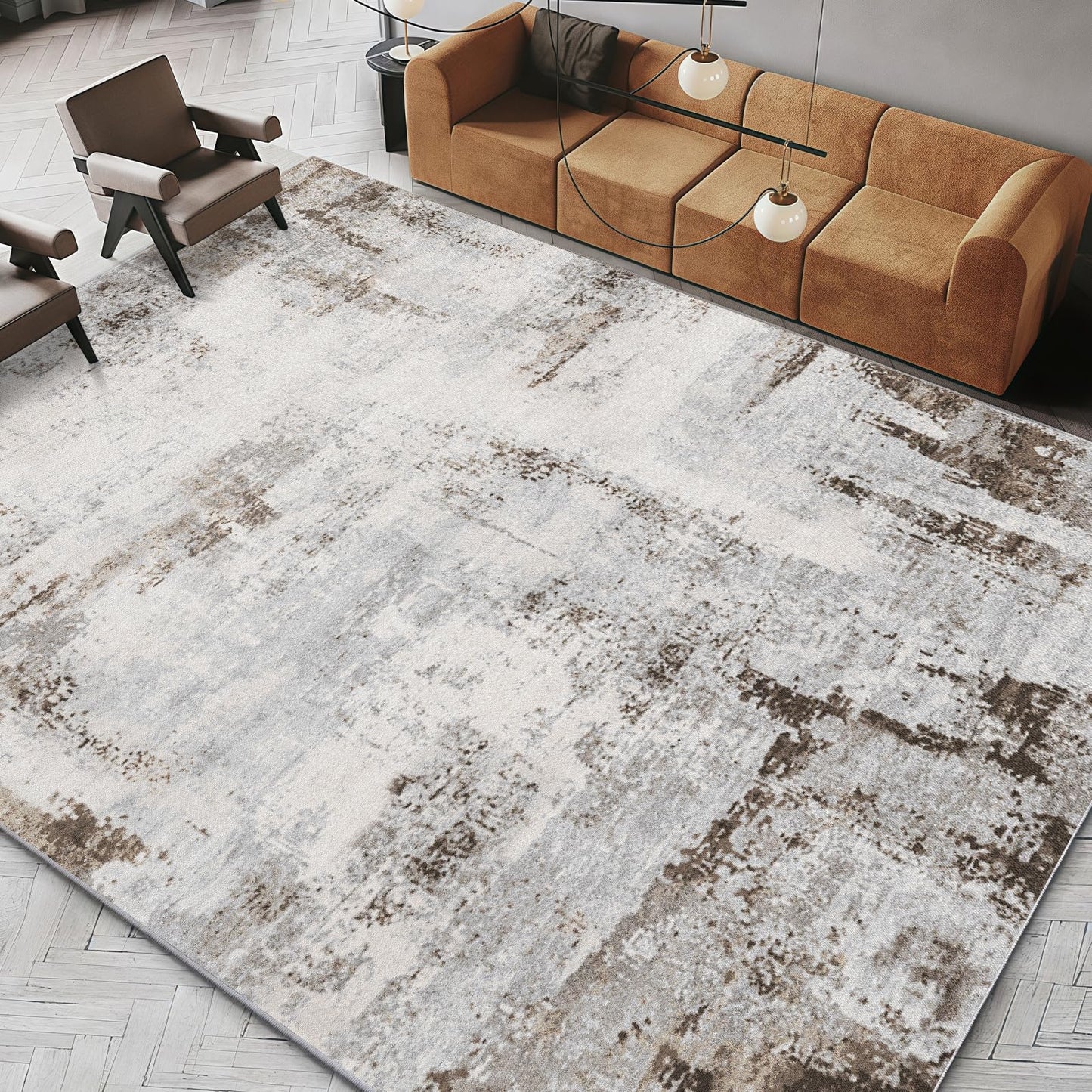 OMERAI Washable Rug 5'x7' Abstract Machine Washable Rugs Ultra-Thin Area Rugs for Living Room Non Slip Stain Resistant Modern Carpet for Bedroom Dining Room Office Kitchen Brown Rug Washable