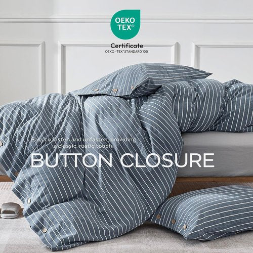 JELLYMONI Queen Size Washed Cotton Duvet Cover - Breathable Blue Striped Bedding Set with Button Closure | Includes 1 Duvet Cover & 2 Pillowcases