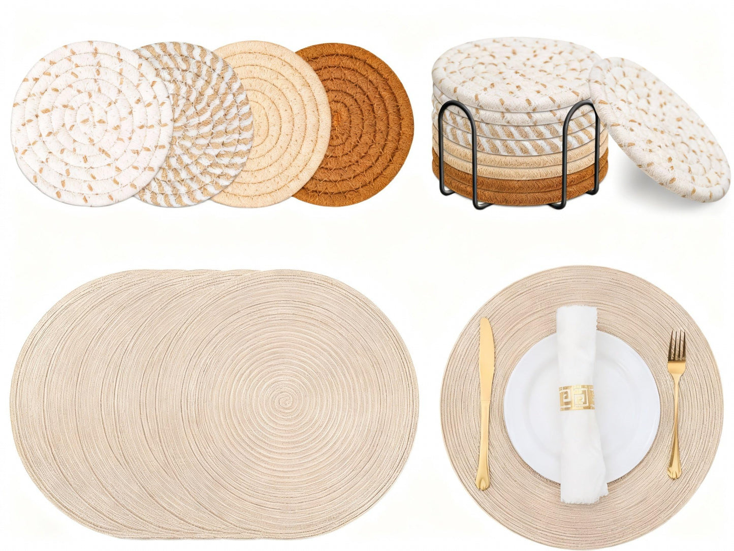 Acellegic 17 Pcs 15'' Round Woven Placemats and 4.3'' Drink Coaster with Holder, Boho Heat Resistant Absorbent Woven Cotton Coasters for Drinks for Dining Living Room Tabletop Protection(Light Color)