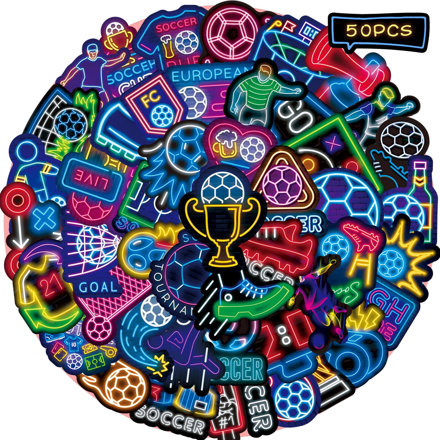 YUISLE 50 PCS Soccer Stickers for Kids Teens & Adults, Cool Neon Football Stickers for Scrapbook Water Bottles, Laptop, Luggage, Vinyl Waterproof Decals for Soccer Team Gifts-B07