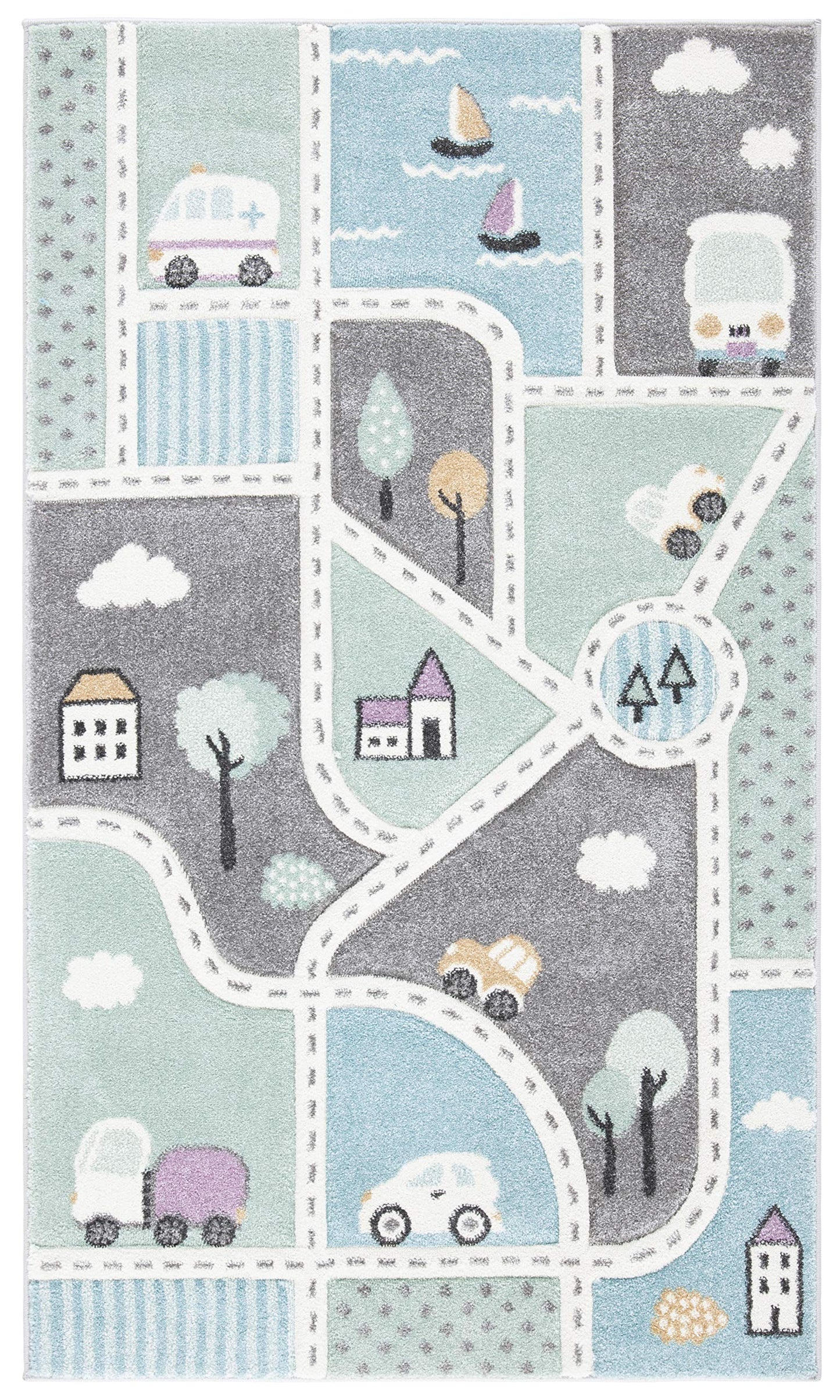 SAFAVIEH Carousel Kids Collection Accent Rug - 2'3" x 4', Grey & Light Blue, Non-Shedding & Easy Care, Ideal for High Traffic Areas for Boys & Girls in Playroom, Nursery, Bedroom (CRK193F)