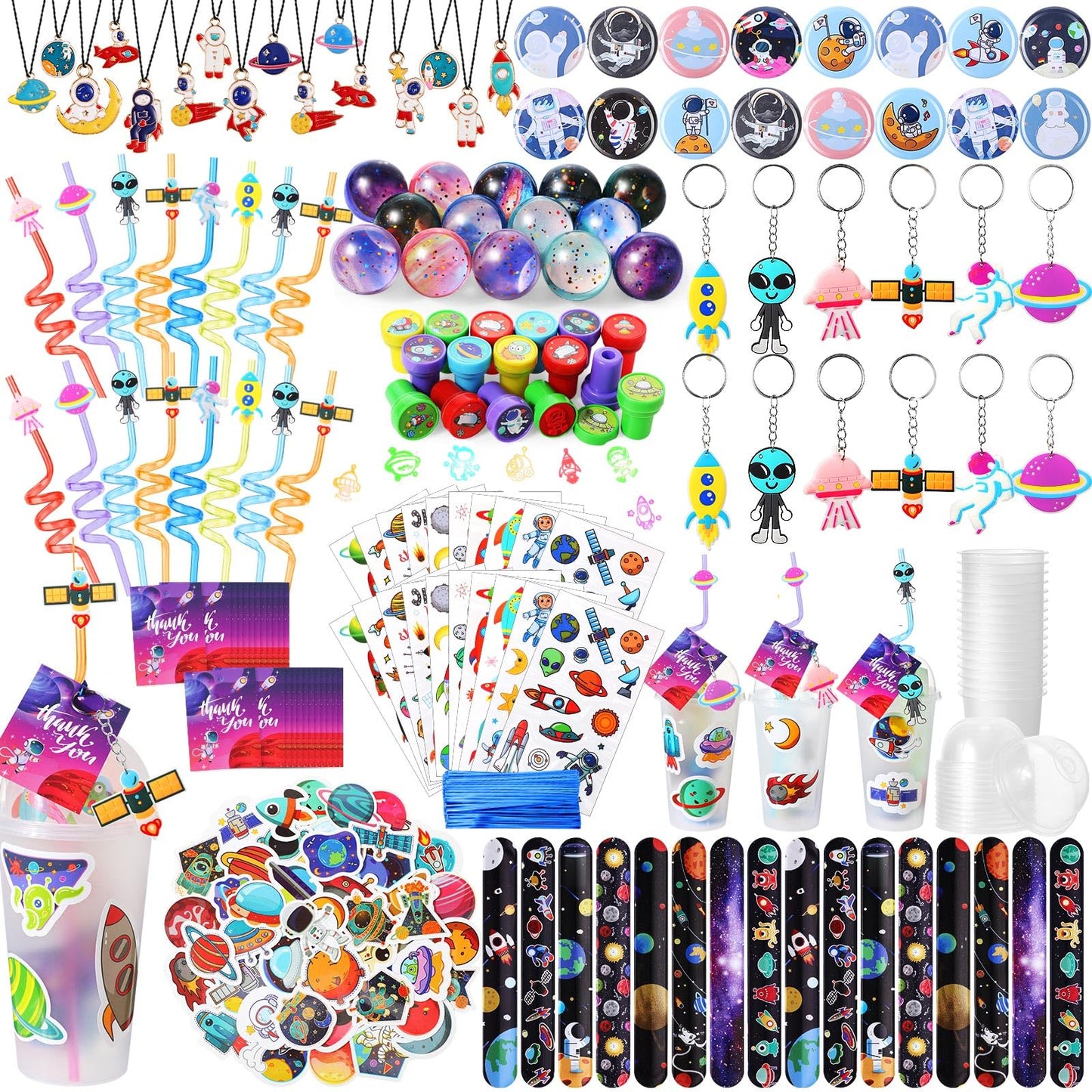 Syhood 211 Pcs Space Party Favors with Gift Cup Space Tattoos Slap Bracelet Astronaut Straw Pendants Badges Stamp Keychains Bouncy Ball Thank You Cards for Space Galaxy Kid Birthday Party Supplies