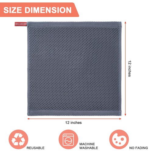 BOOMIBOO ﻿Kitchen Towels 6-Pack Kitchen Dish Cloths,100% Cotton Towels Waffle Weave, Ultra Soft Absorbent, Quick Drying, 12x12 Inches,Dark Grey