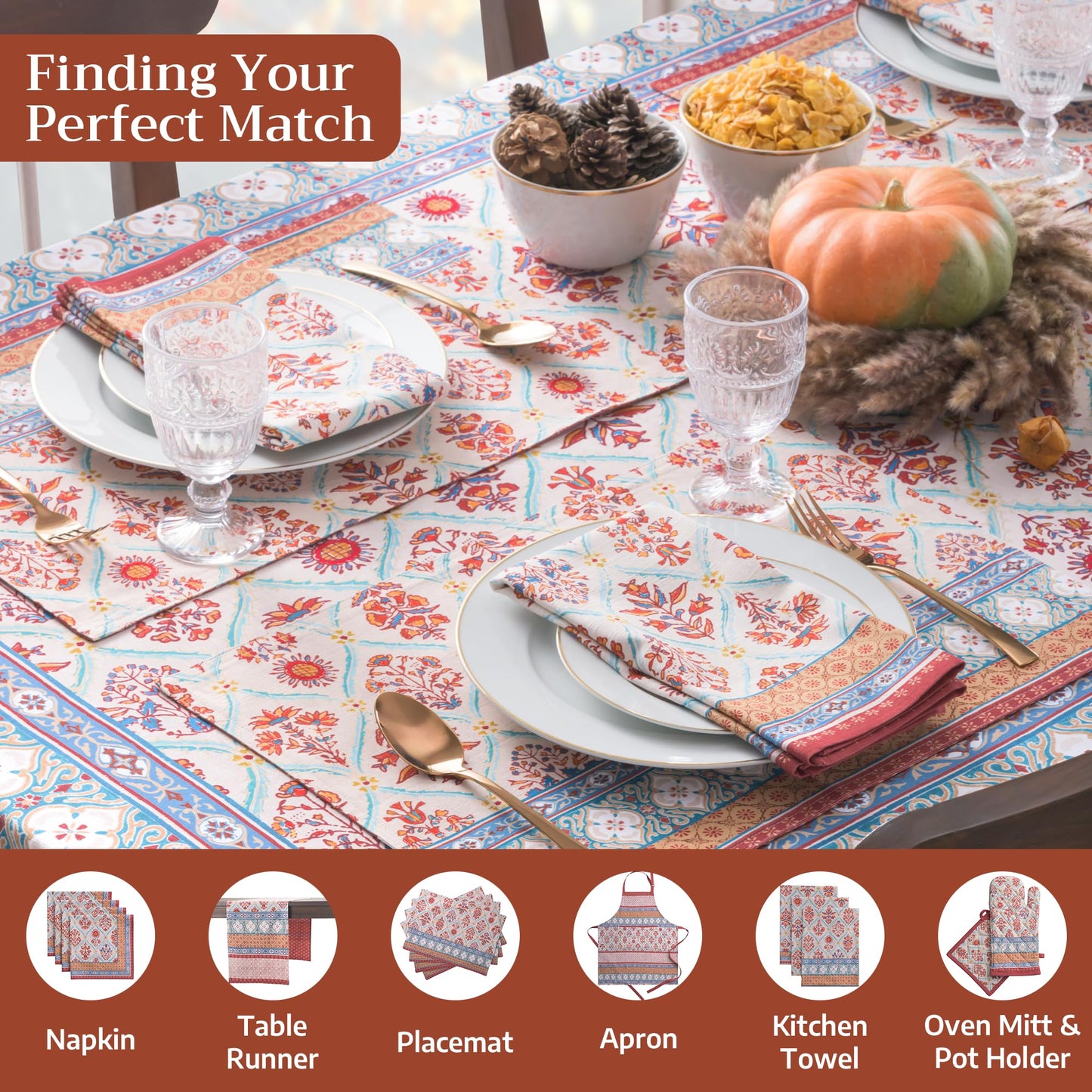 Maison d' Hermine Table Cloth Rectangle Table 100% Cotton 70 x 108 Inches Fall Tablecloth Reusable Everyday Use for Thanksgiving Christmas Decorations Dining Farmhouse Party (Romane)
