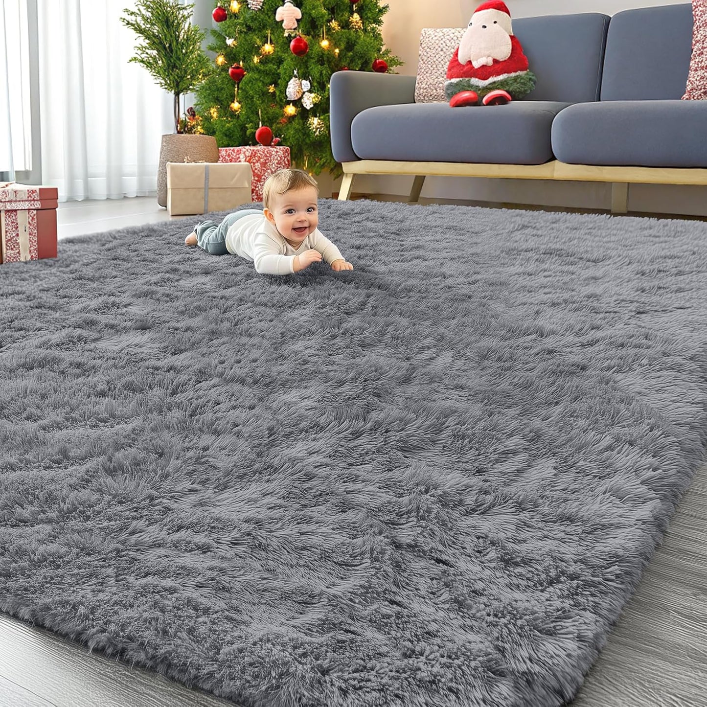 OLANLY Large Area Rug - Soft Fluffy Shaggy Indoor Carpet for Living Room & Bedroom | Light Grey 7x8
