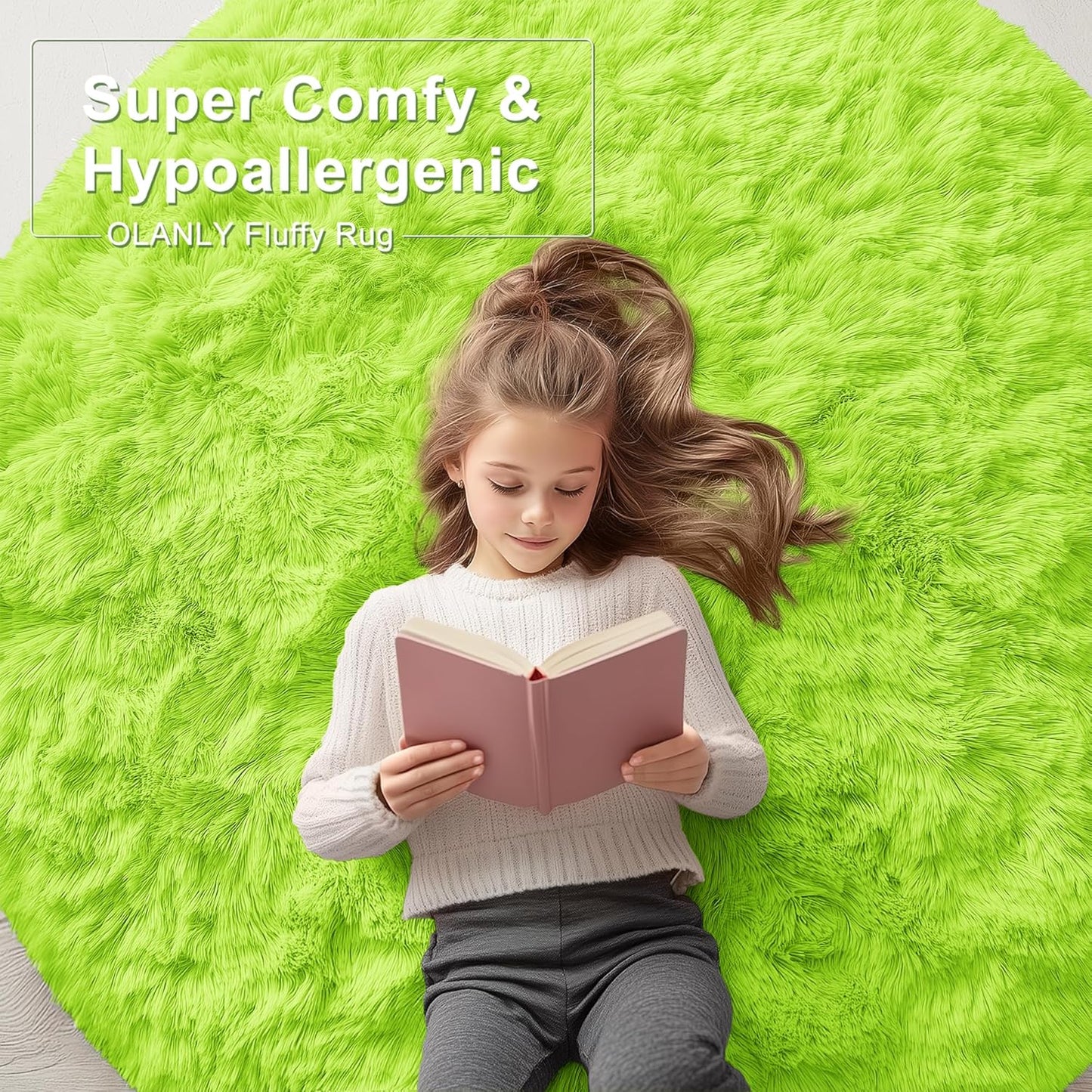 OLANLY Round Lime Green Area Rug - Soft & Fluffy 9 ft Machine Washable Carpet for Bedroom & Living Room