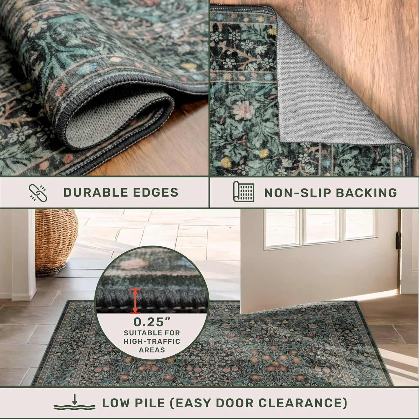 Skiennix 8ft Non-Slip Hallway Runner - Washable Rubber Backing, Stain Resistant | Vintage Floral Dark Green & Black
