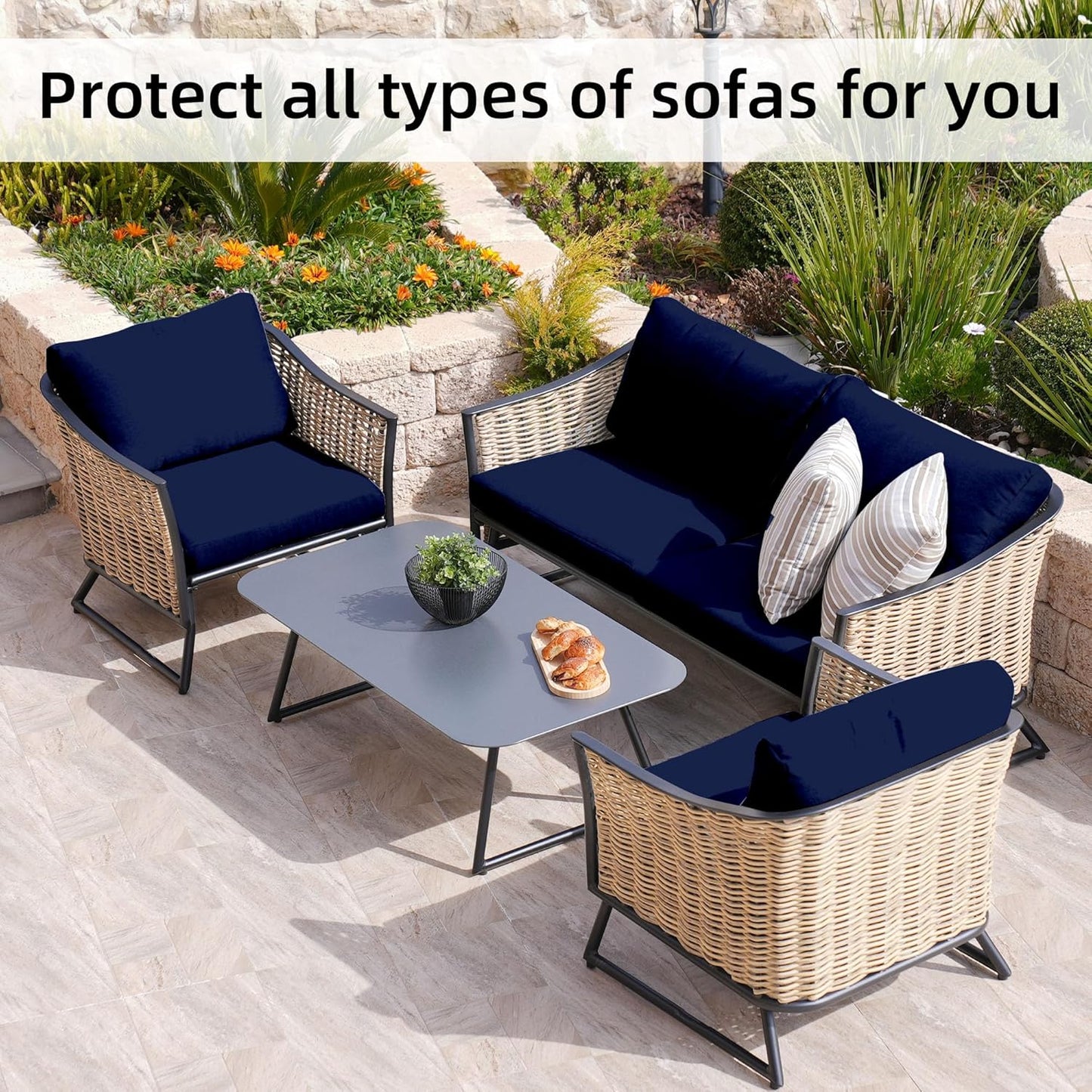 Skiennix 8-Piece Stretch Patio Cushion Covers - Washable Navy Blue Outdoor Furniture Protectors