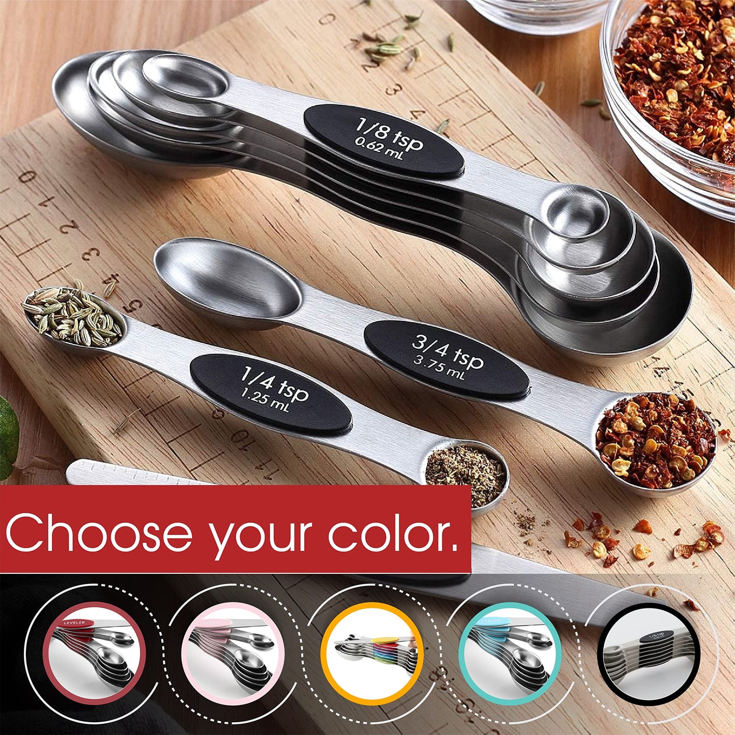 Spring Chef Magnetic Measuring Spoons Set, Dual Sided, Stainless Steel, Fits in Spice Jars, White, Set of 8, 2 Pack