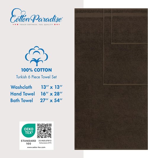 Cotton Paradise 6-Piece Towel Set - 100% Soft Absorbent Turkish Towels in Brown | Includes Bath, Hand & Washcloths